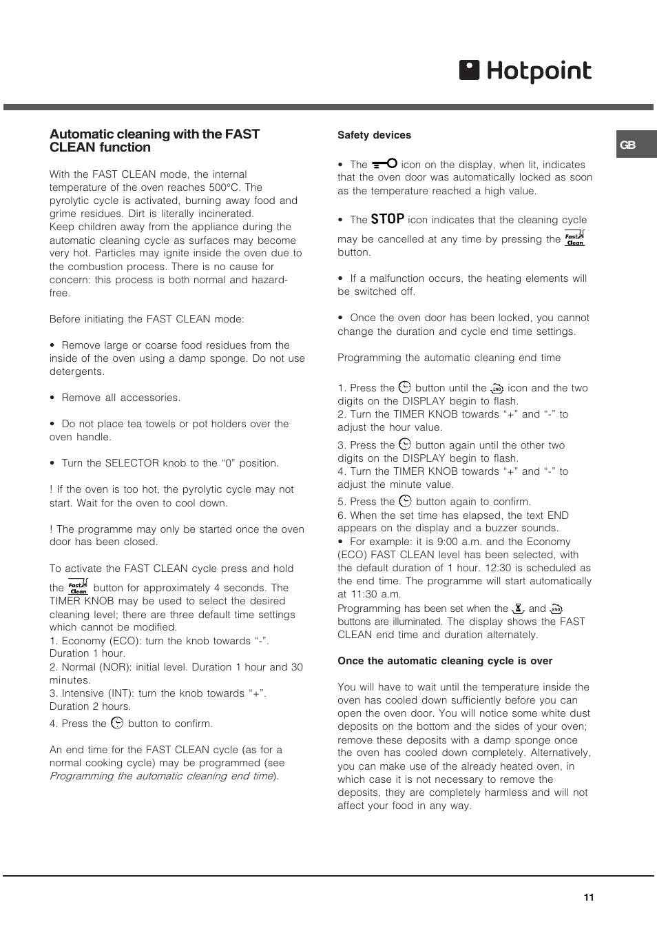 Automatic cleaning with the fast clean function | Hotpoint SY89PG User Manual | Page 11 / 16