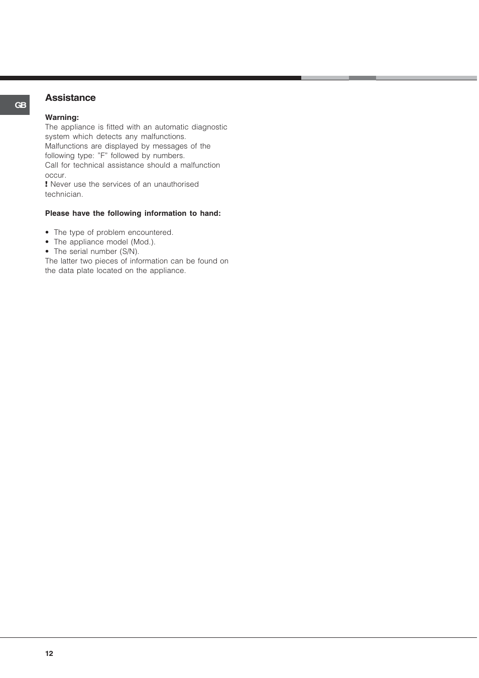 Assistance | Hotpoint SY89PG User Manual | Page 12 / 16