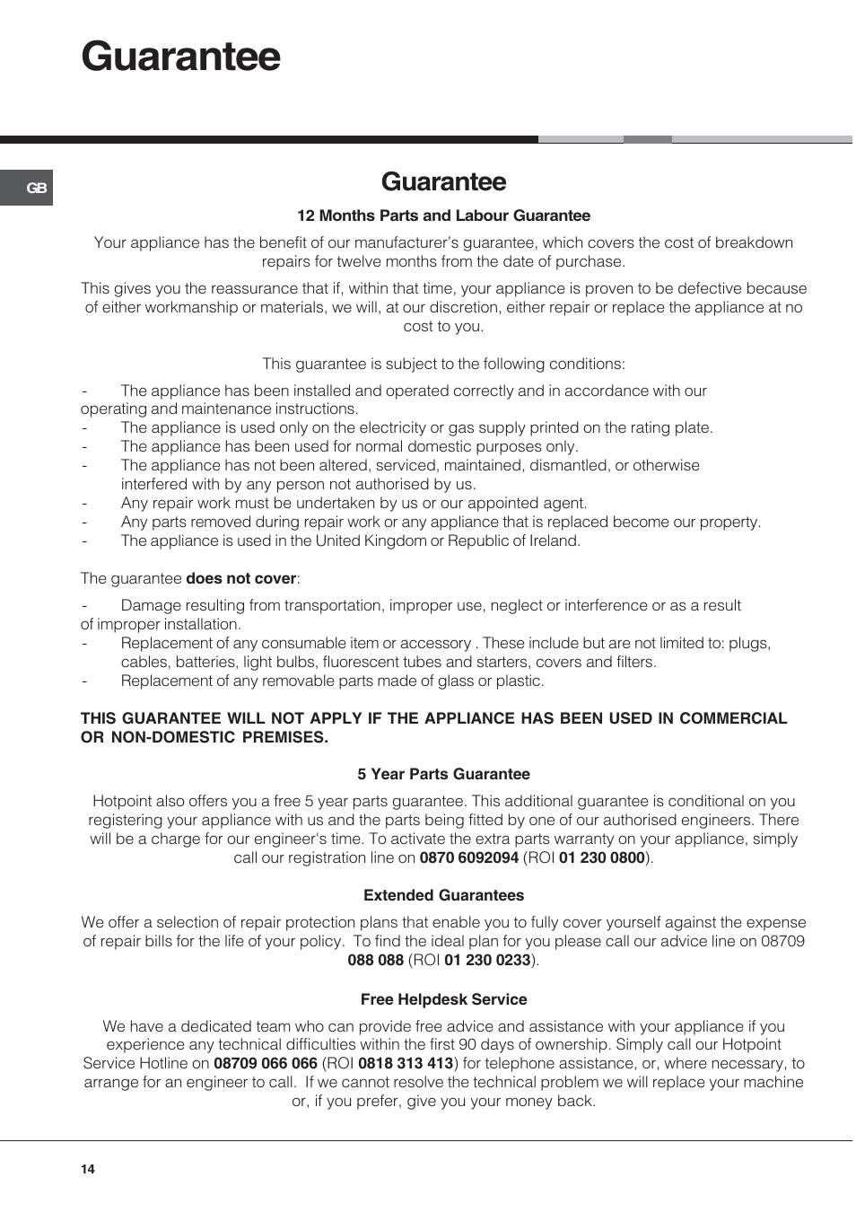 Guarantee | Hotpoint SY89PG User Manual | Page 14 / 16
