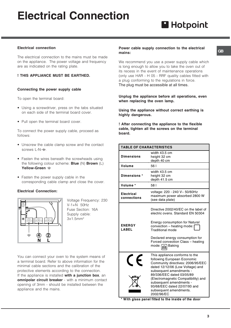 Electrical connection | Hotpoint SY89PG User Manual | Page 3 / 16