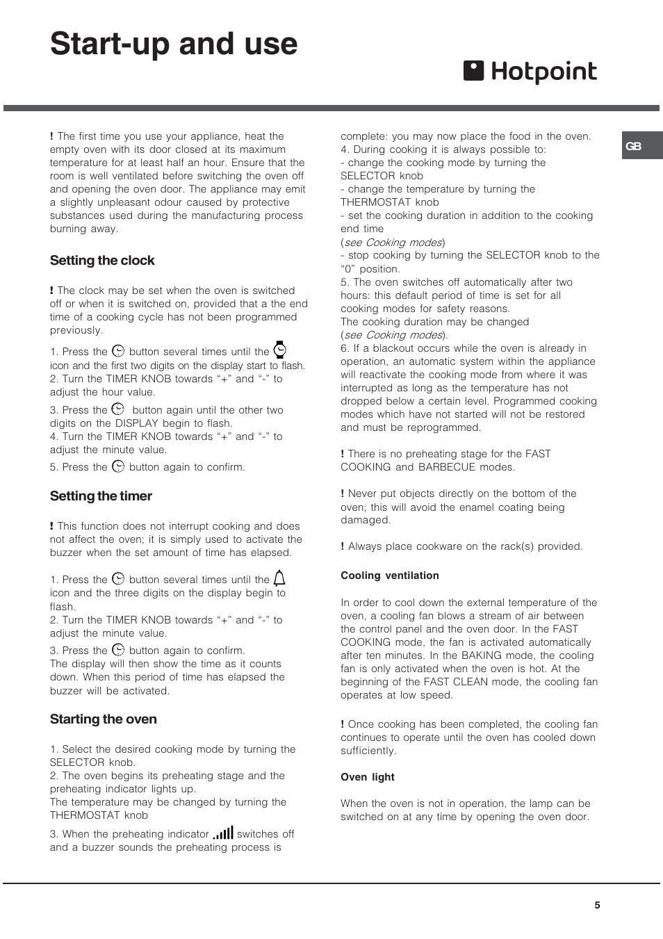 Start-up and use, Setting the clock, Setting the timer | Starting the oven | Hotpoint SY89PG User Manual | Page 5 / 16