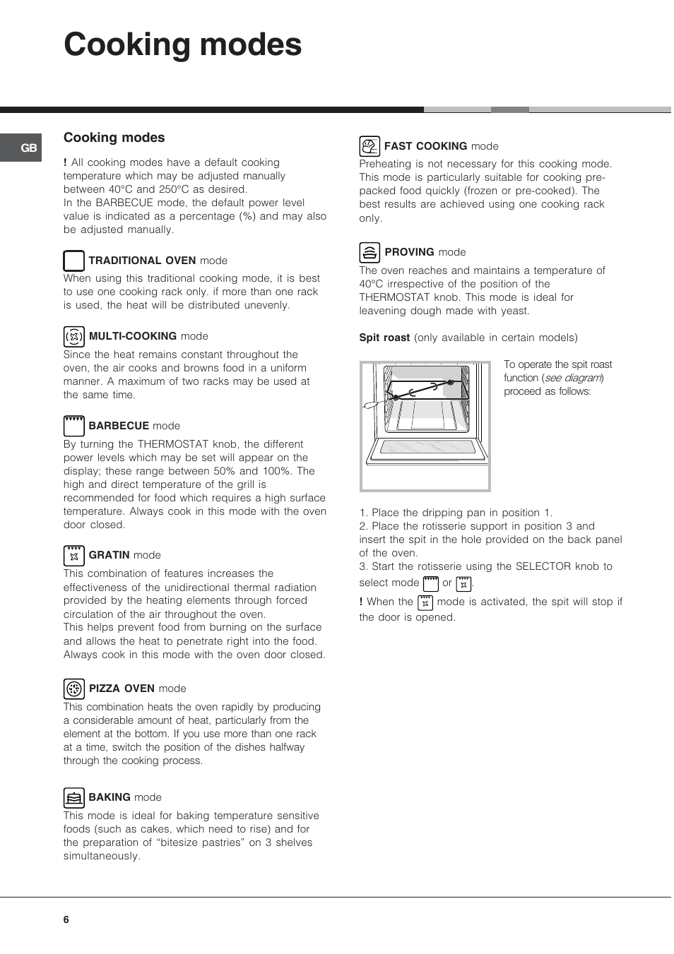 Cooking modes | Hotpoint SY89PG User Manual | Page 6 / 16