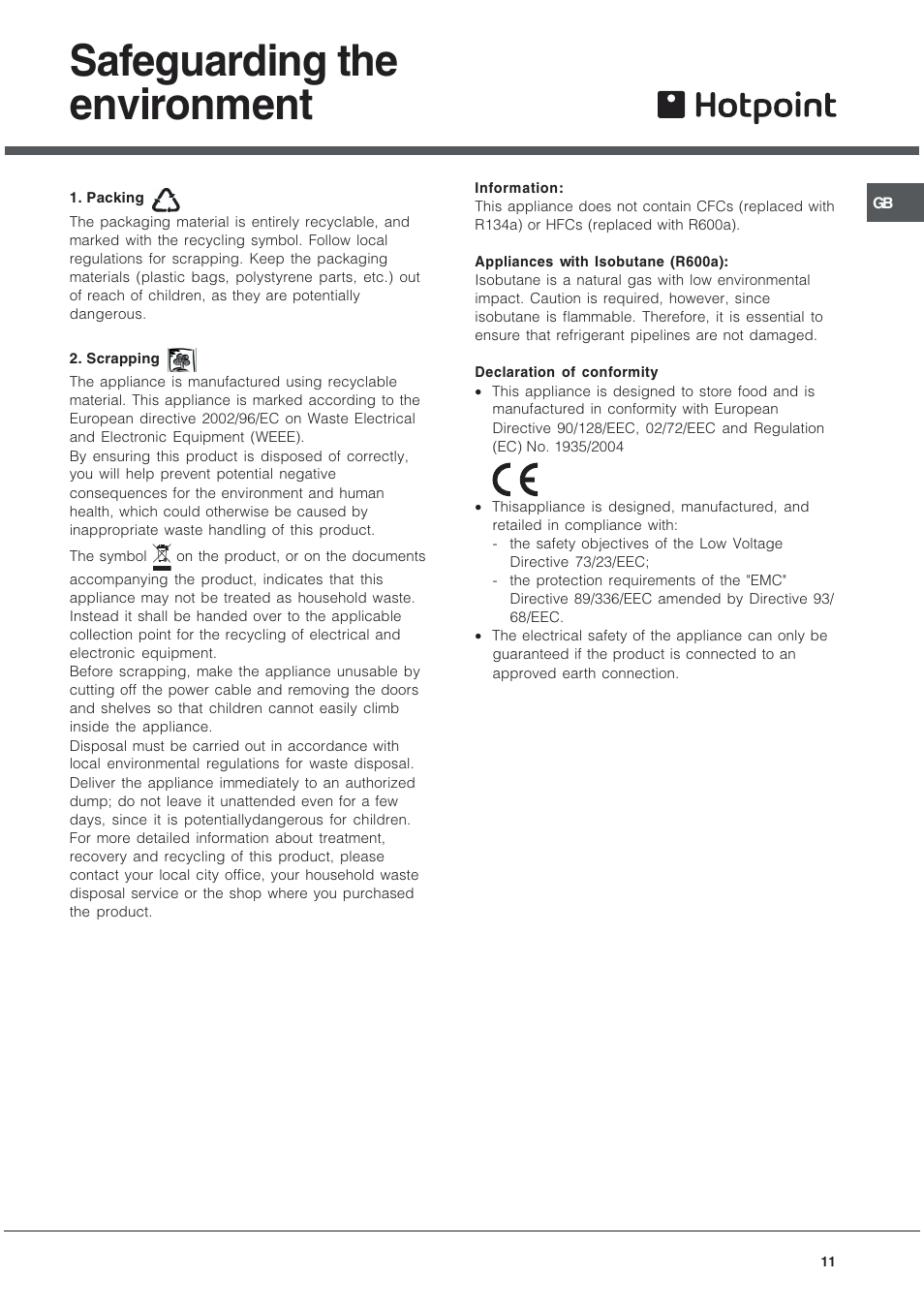 Safeguarding the environment | Hotpoint RCNAA53 User Manual | Page 11 / 12