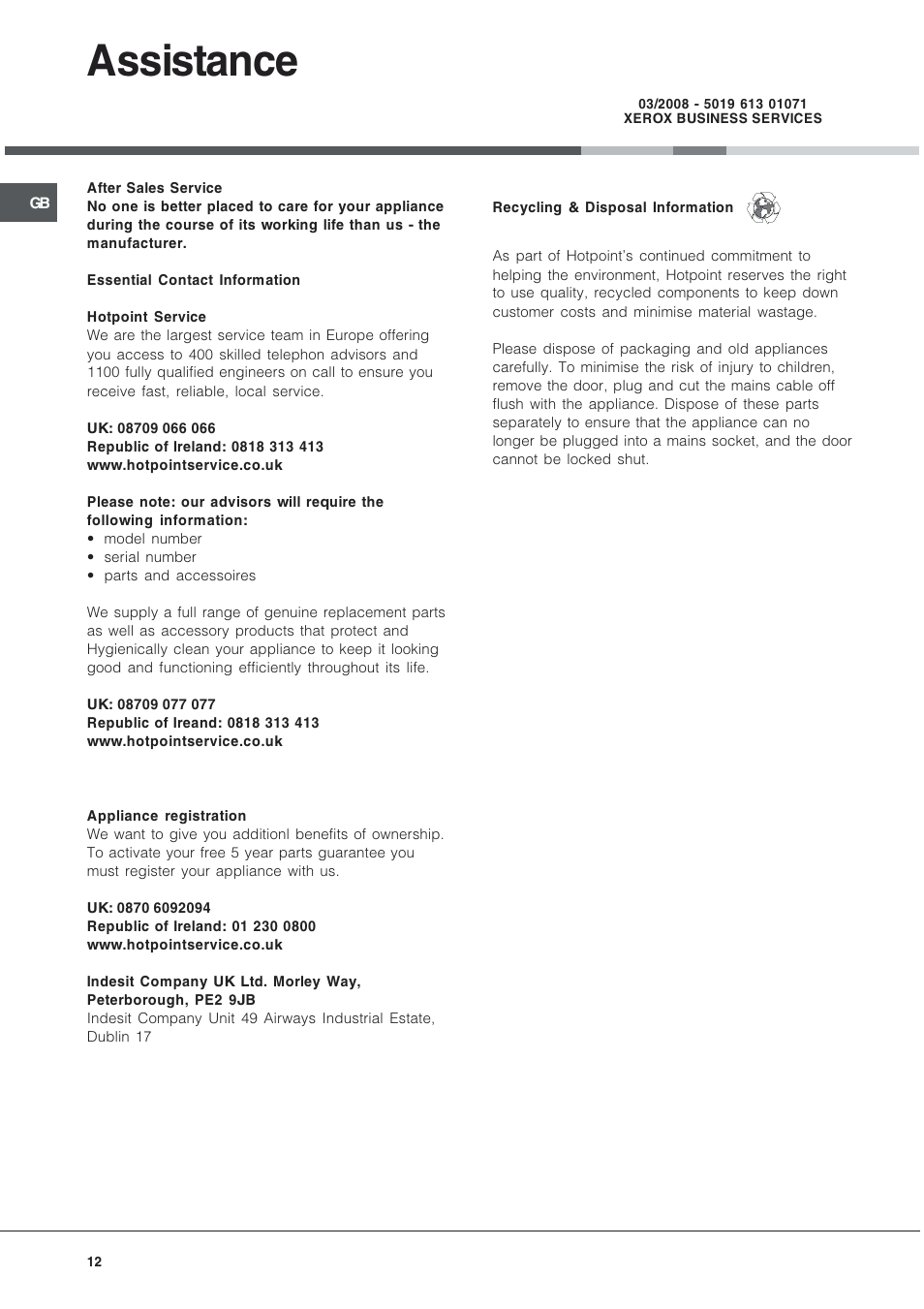Assistance | Hotpoint RCNAA53 User Manual | Page 12 / 12
