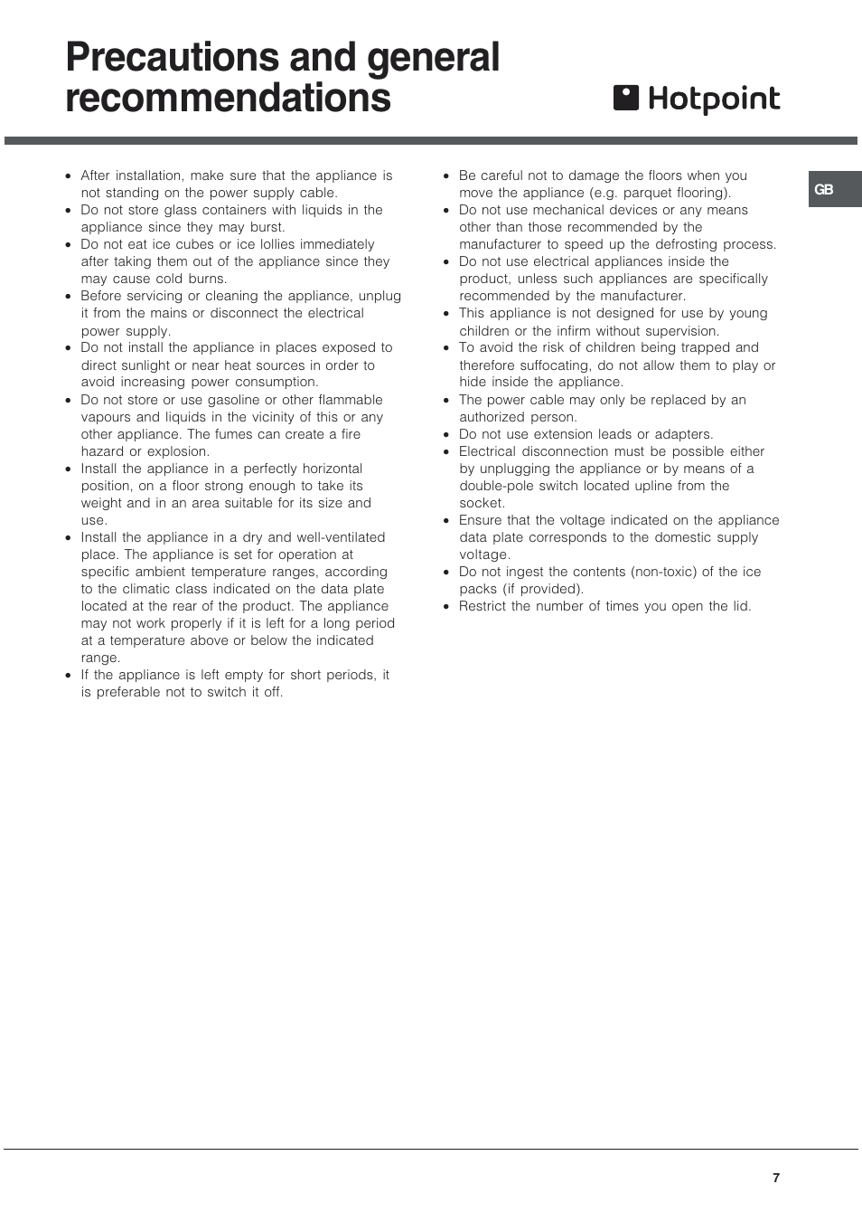 Precautions and general recommendations | Hotpoint RCNAA53 User Manual | Page 7 / 12