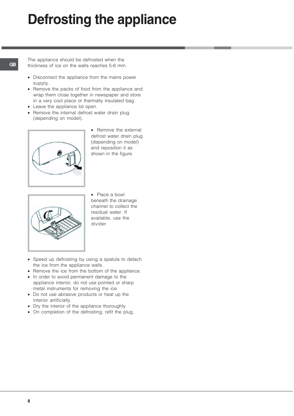 Defrosting the appliance | Hotpoint RCNAA53 User Manual | Page 8 / 12