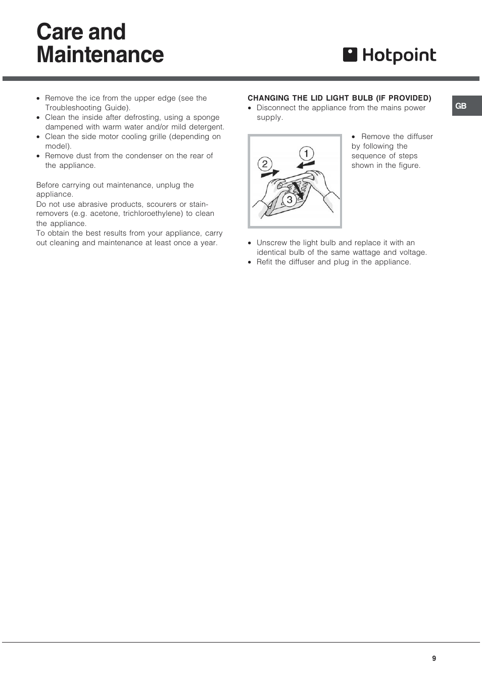 Care and maintenance | Hotpoint RCNAA53 User Manual | Page 9 / 12