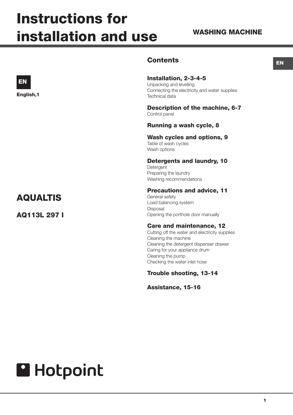 Hotpoint Aqualtis Washing Machine AQ1131 User Manual | 16 pages