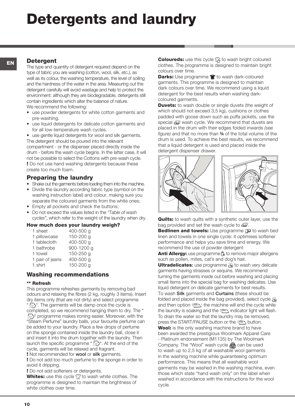 Detergents and laundry, Detergent, Preparing the laundry | Washing recommendations | Hotpoint Aqualtis Washing Machine AQ1131 User Manual | Page 10 / 16