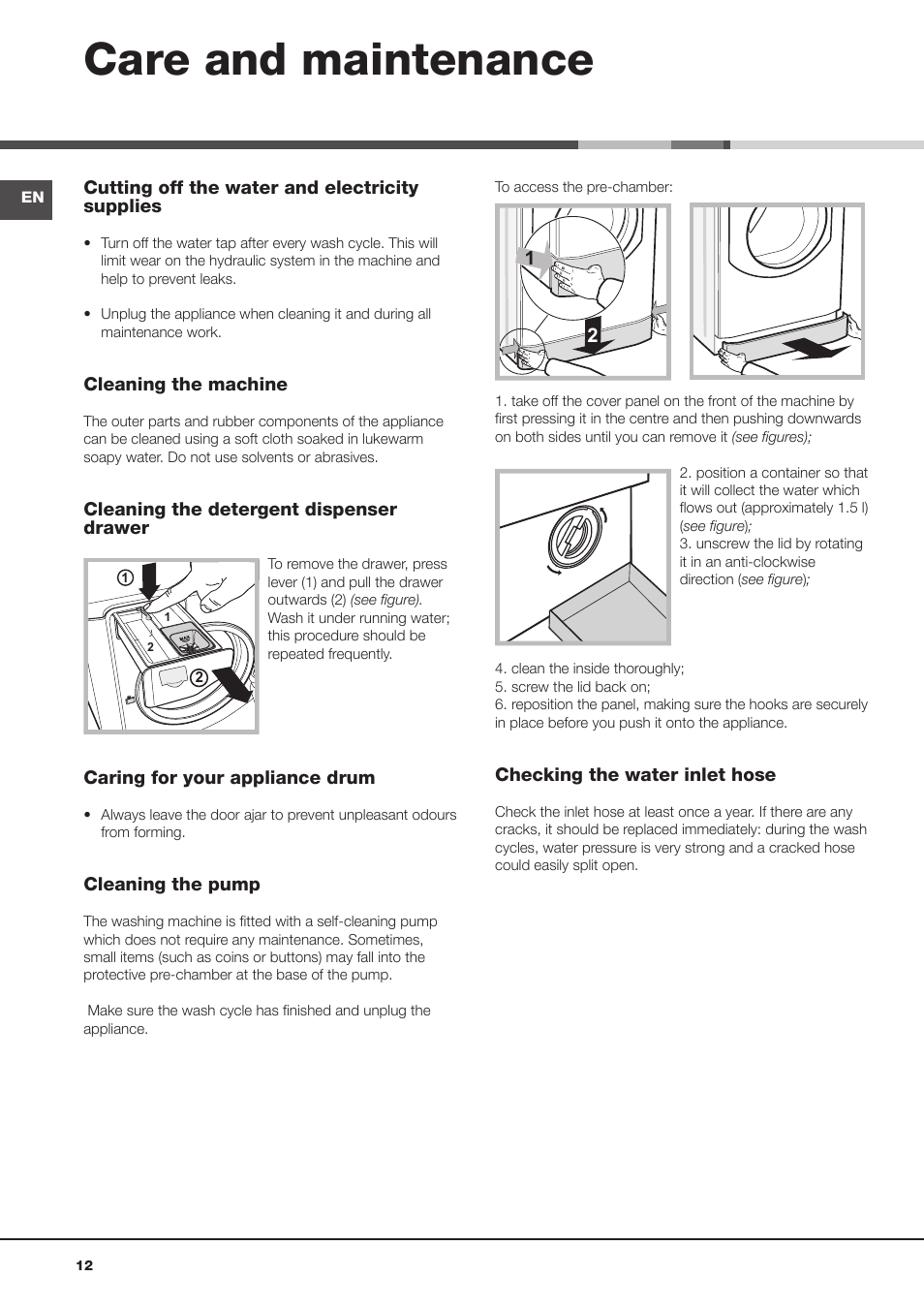 Care and maintenance | Hotpoint Aqualtis Washing Machine AQ1131 User Manual | Page 12 / 16