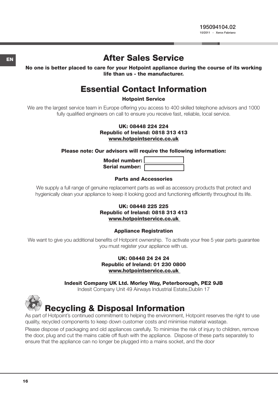 After sales service, Essential contact information, Recycling & disposal information | Hotpoint Aqualtis Washing Machine AQ1131 User Manual | Page 16 / 16