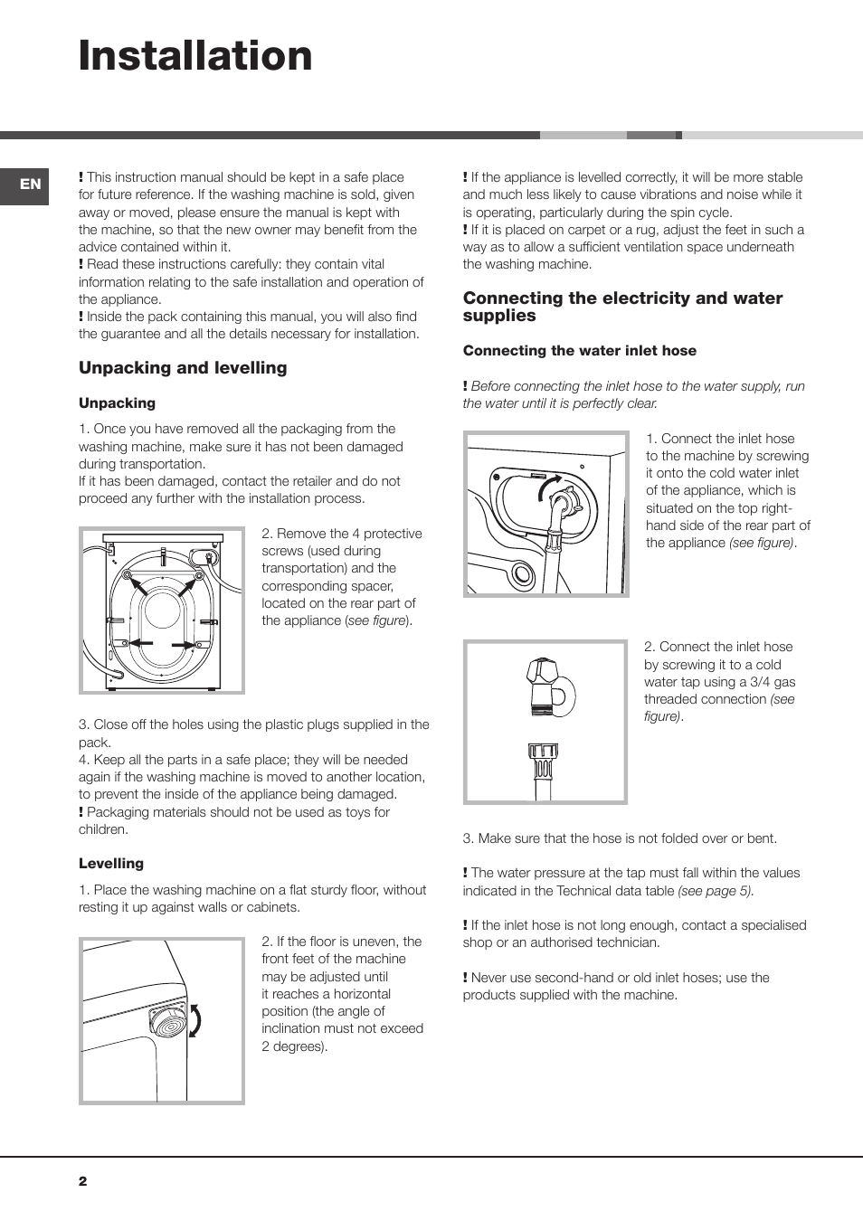 Installation | Hotpoint Aqualtis Washing Machine AQ1131 User Manual | Page 2 / 16