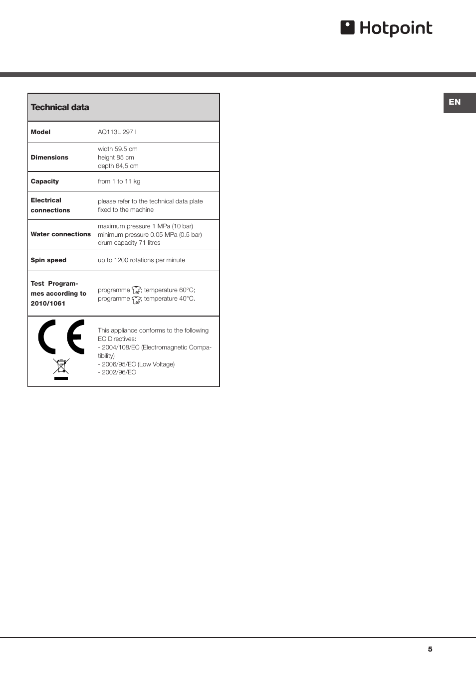 Technical data | Hotpoint Aqualtis Washing Machine AQ1131 User Manual | Page 5 / 16
