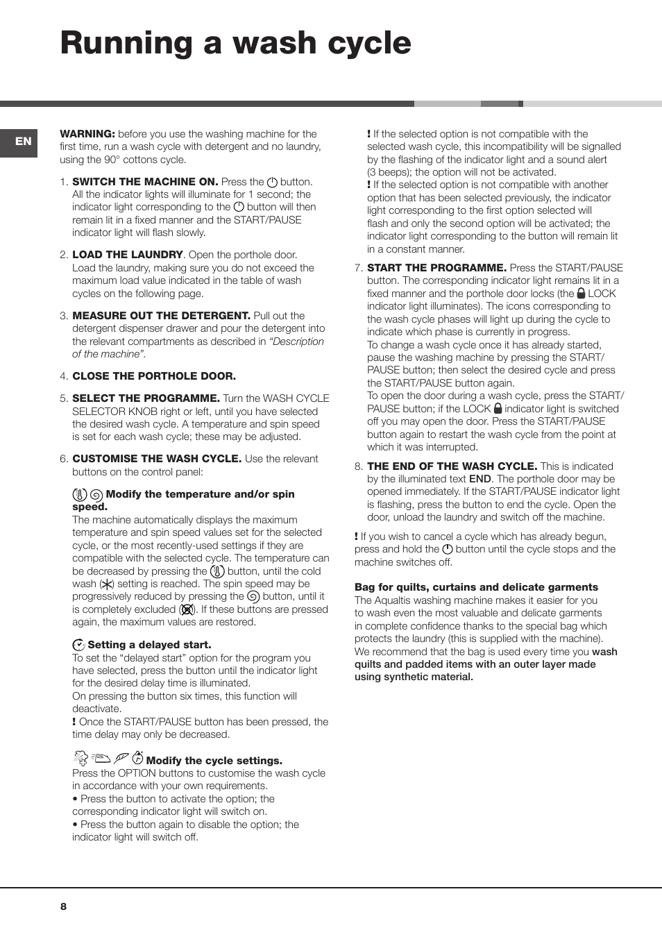 Running a wash cycle | Hotpoint Aqualtis Washing Machine AQ1131 User Manual | Page 8 / 16