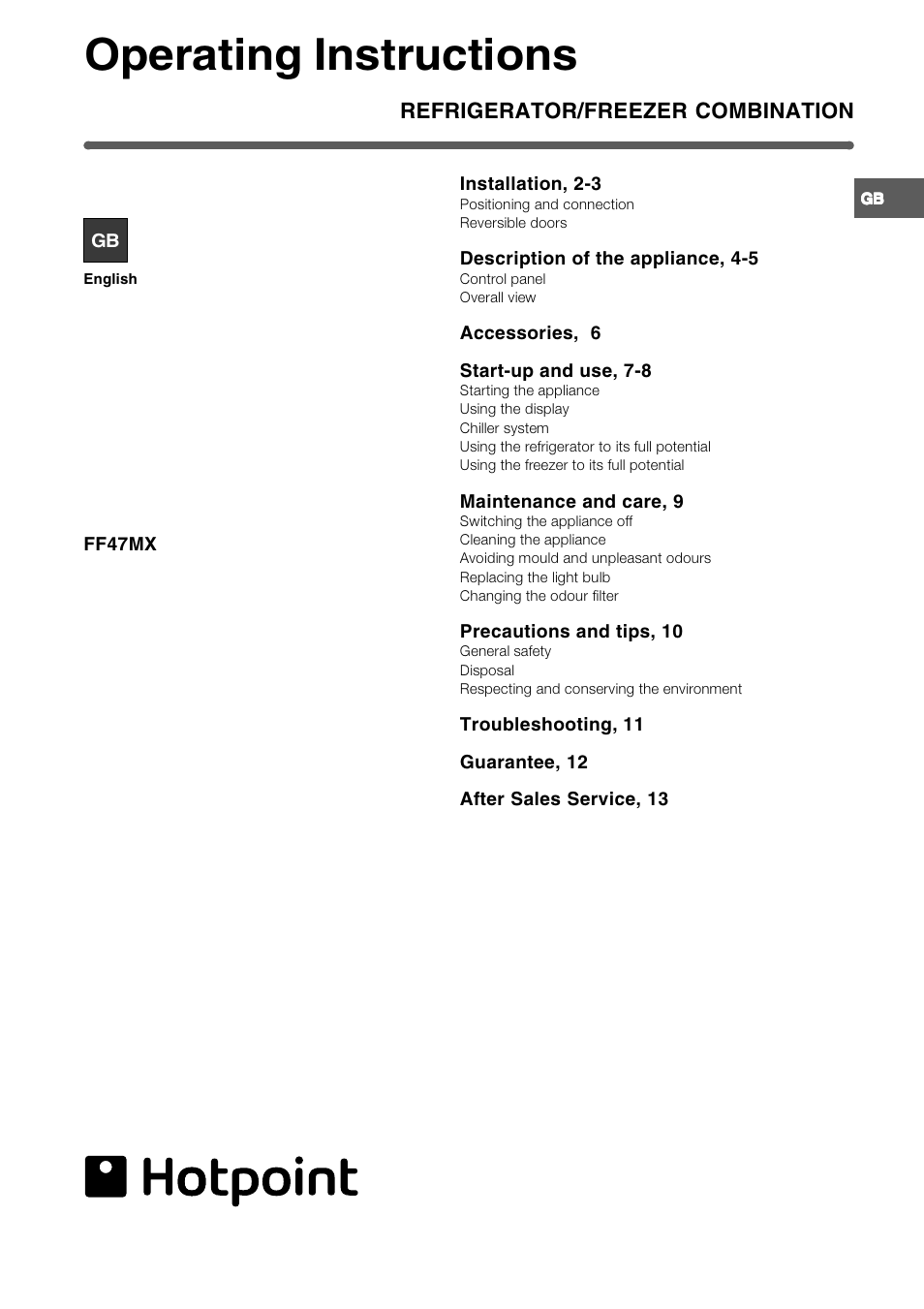 Hotpoint FF47MX User Manual | 16 pages