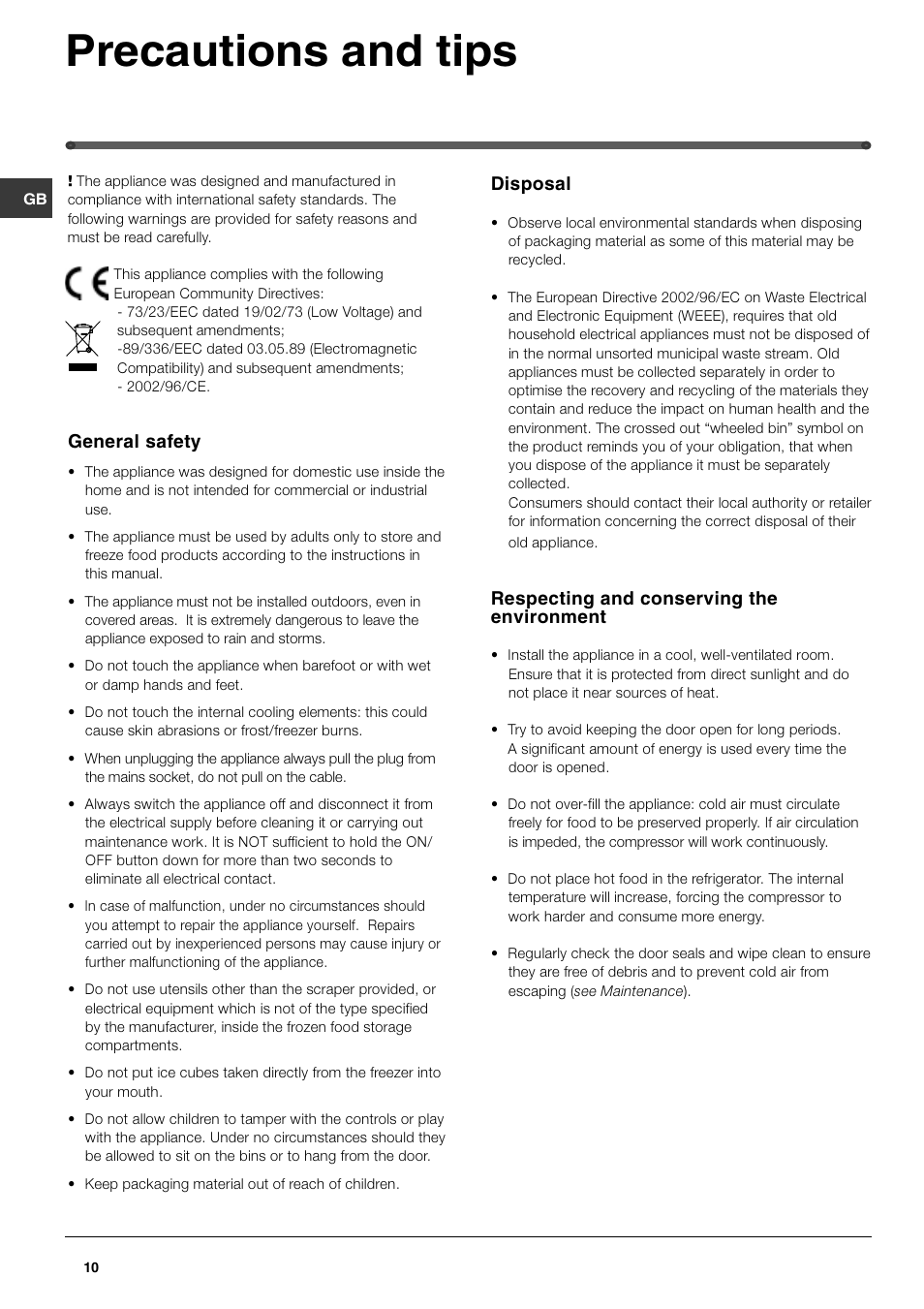 Precautions and tips | Hotpoint FF47MX User Manual | Page 10 / 16