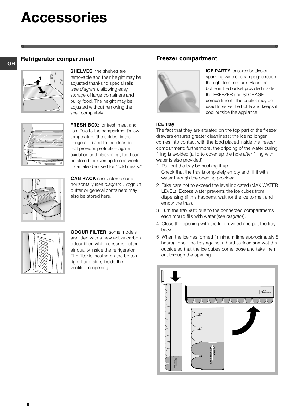 Accessories, Refrigerator compartment, Freezer compartment | Hotpoint FF47MX User Manual | Page 6 / 16