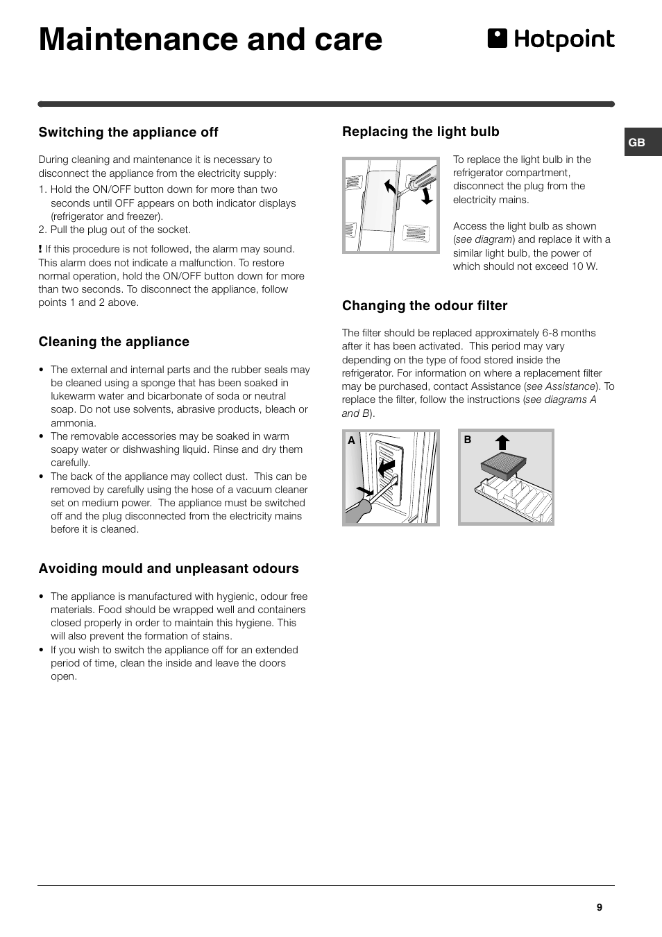 Maintenance and care | Hotpoint FF47MX User Manual | Page 9 / 16