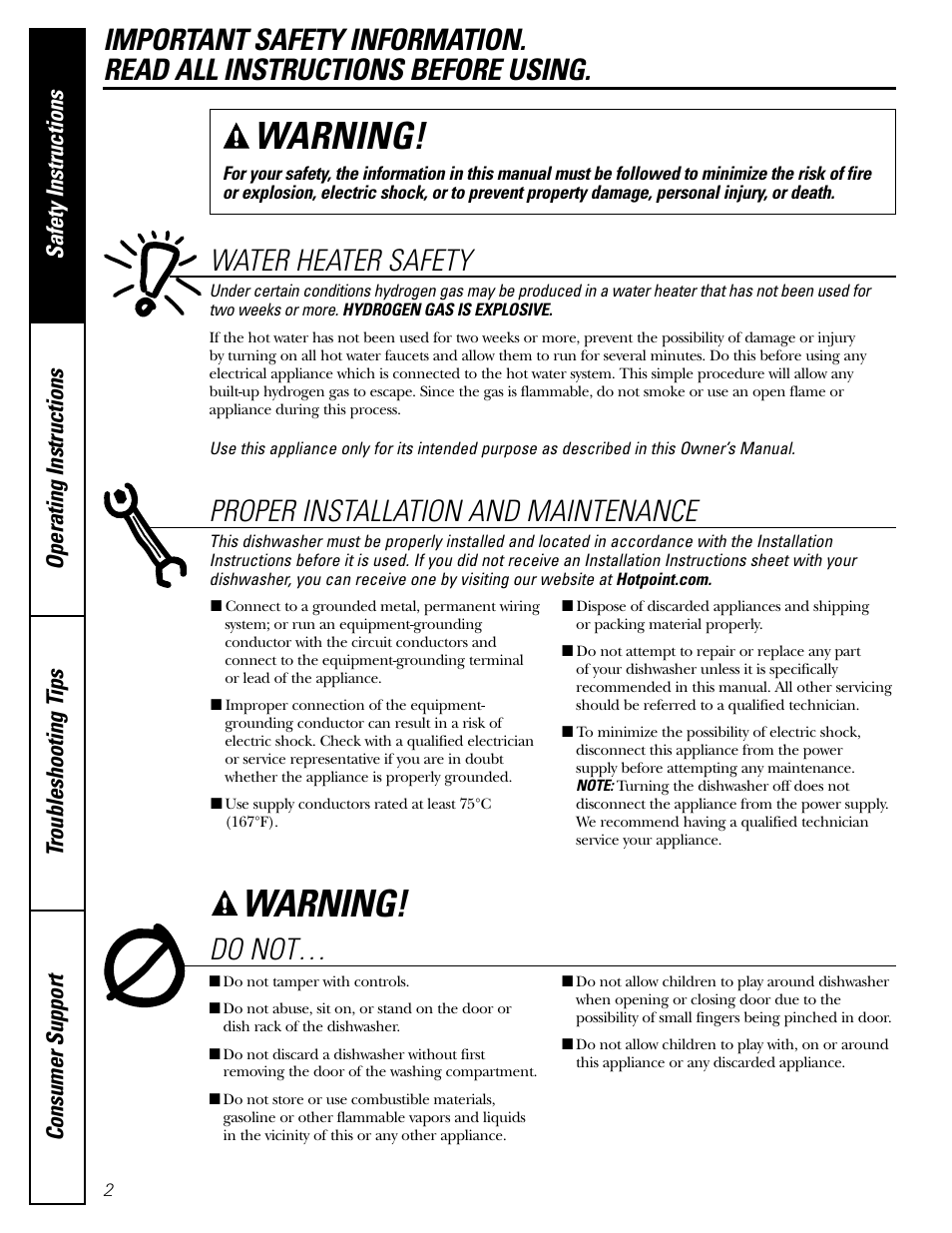 Safety instructions, Warning, Do not | Water heater safety, Proper installation and maintenance | Hotpoint HDA3400 User Manual | Page 2 / 16