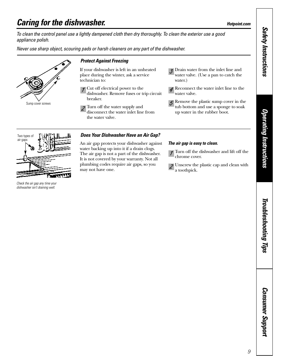 Care and cleaning, Caring for the dishwasher | Hotpoint HDA3400 User Manual | Page 9 / 16