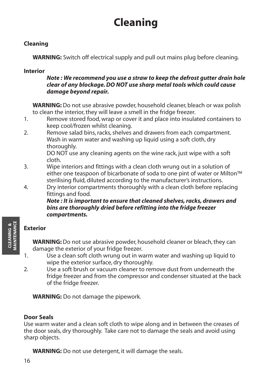 Cleaning | Hotpoint RFA60 User Manual | Page 16 / 24