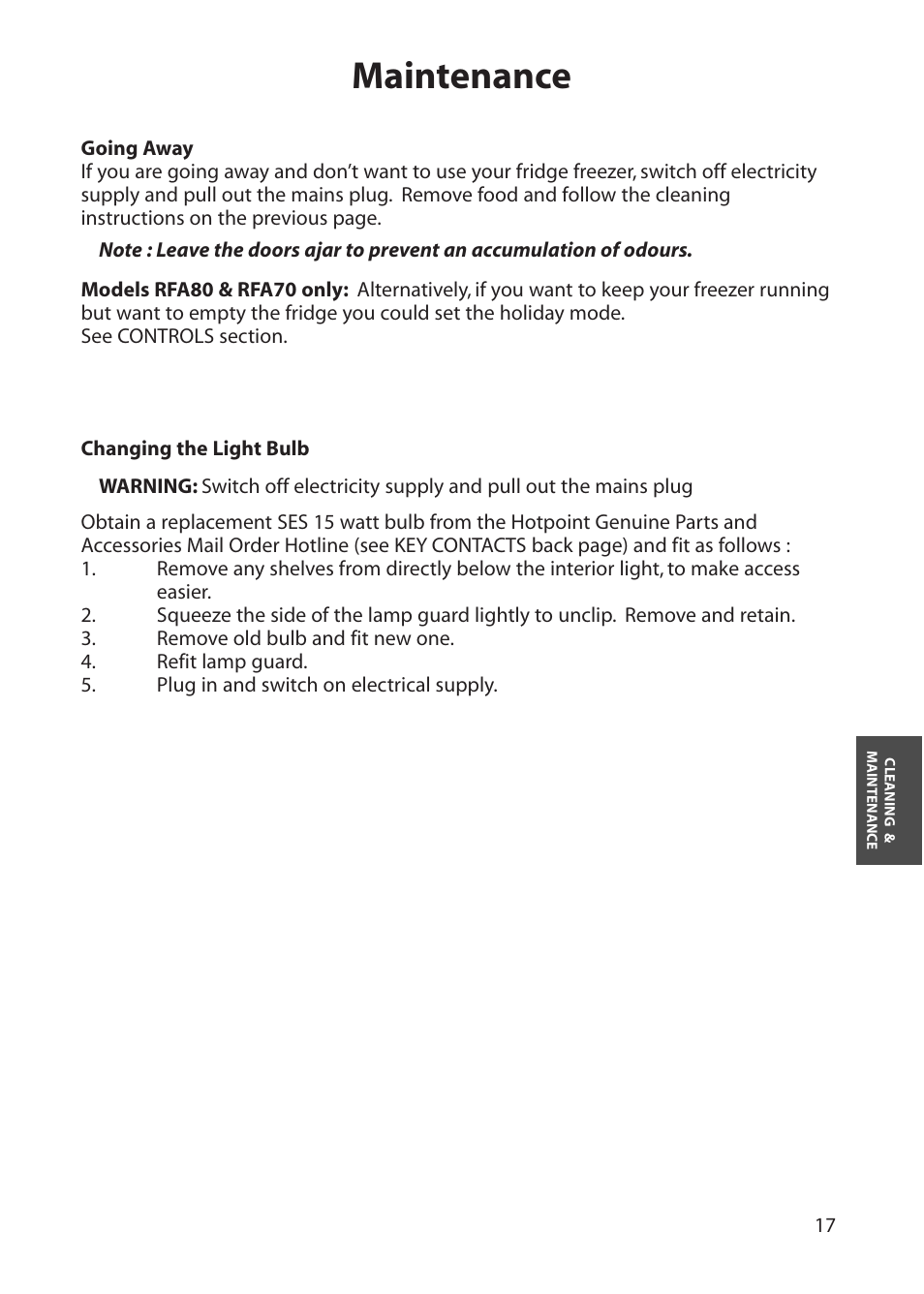 Maintenance | Hotpoint RFA60 User Manual | Page 17 / 24