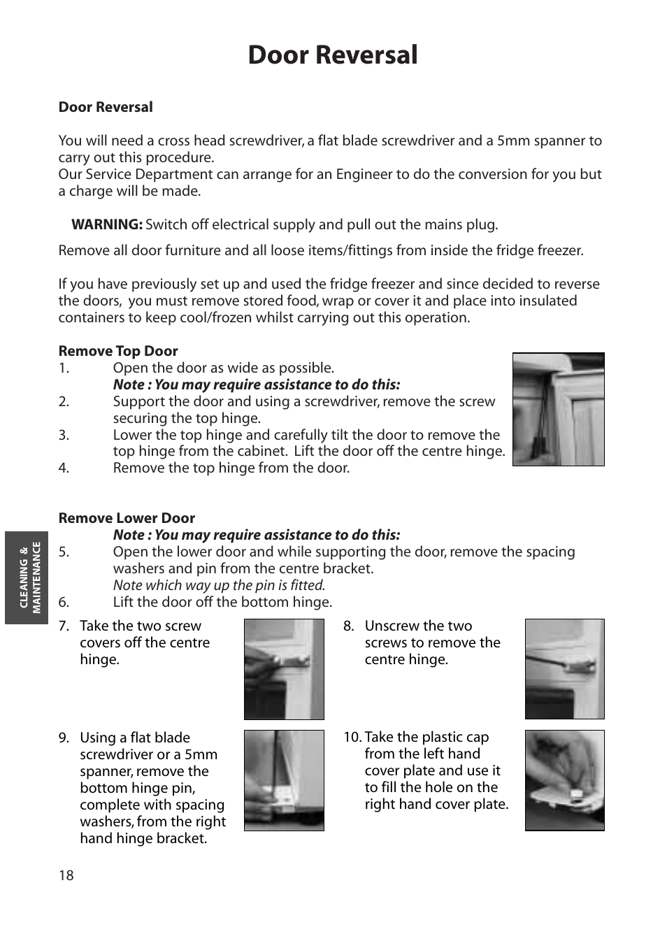 Door reversal | Hotpoint RFA60 User Manual | Page 18 / 24