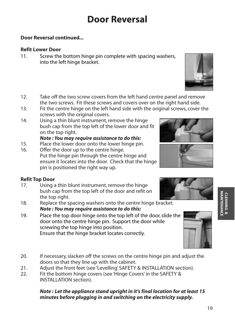 Door reversal | Hotpoint RFA60 User Manual | Page 19 / 24