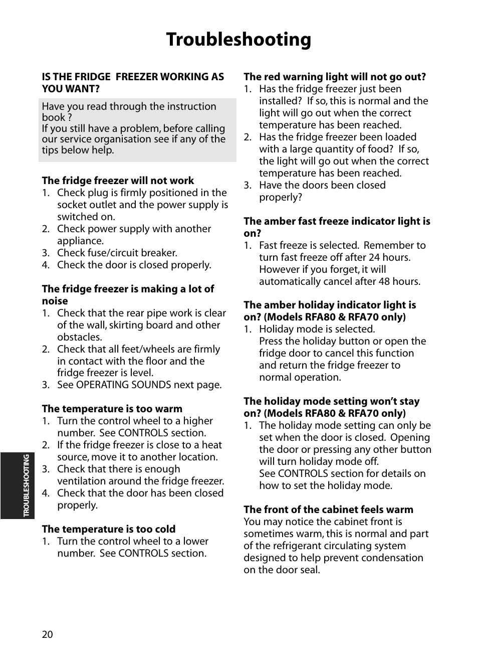 Troubleshooting | Hotpoint RFA60 User Manual | Page 20 / 24