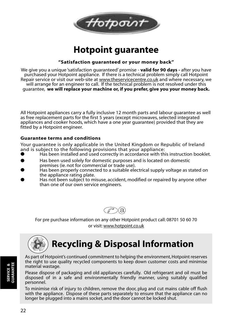 Recycling & disposal information, Hotpoint guarantee | Hotpoint RFA60 User Manual | Page 22 / 24