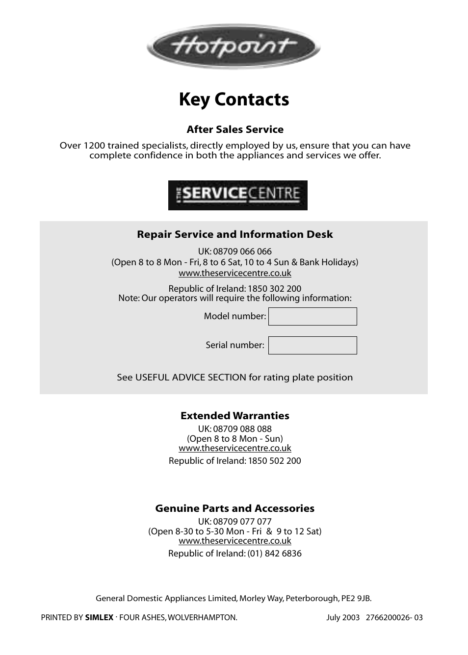 Key contacts | Hotpoint RFA60 User Manual | Page 24 / 24