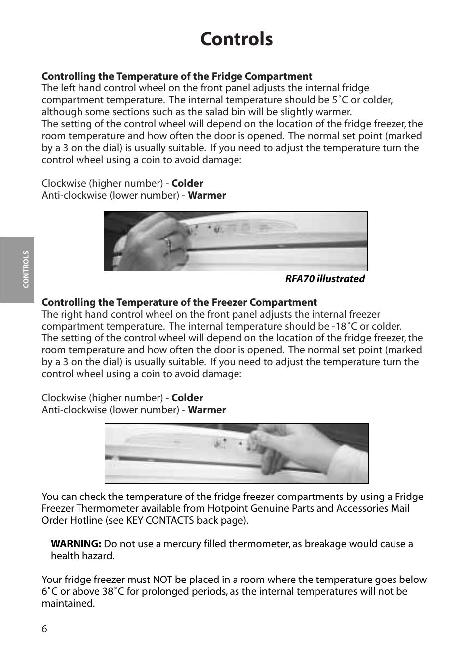 Controls | Hotpoint RFA60 User Manual | Page 6 / 24