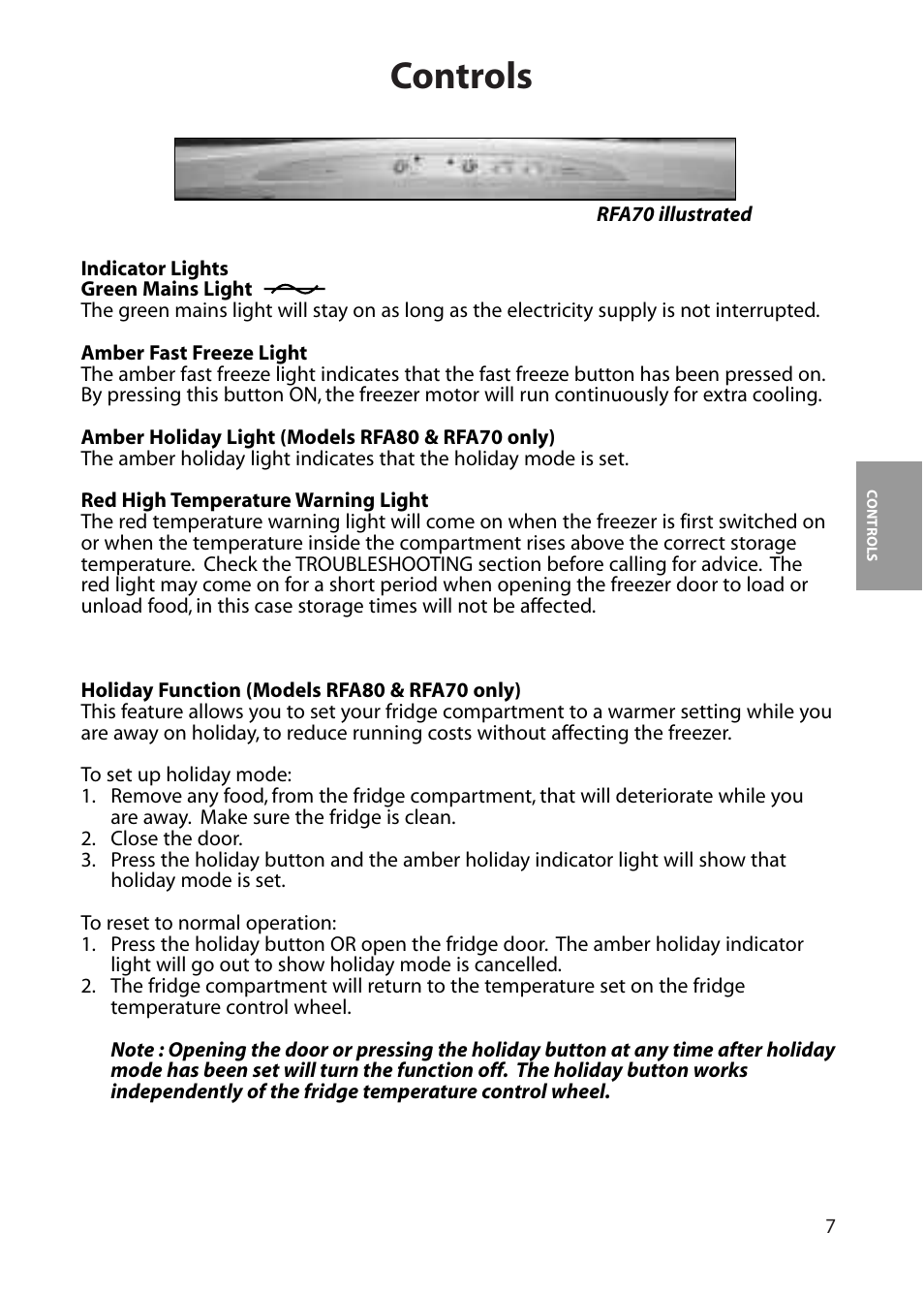 Controls | Hotpoint RFA60 User Manual | Page 7 / 24