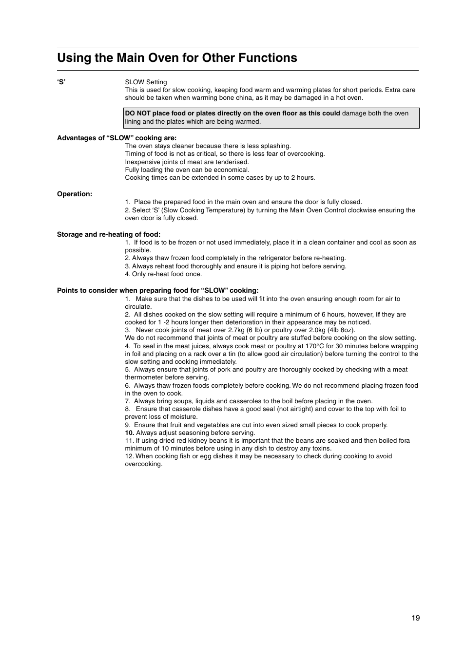 Using the main oven for other functions | Hotpoint HW150EW User Manual | Page 19 / 28