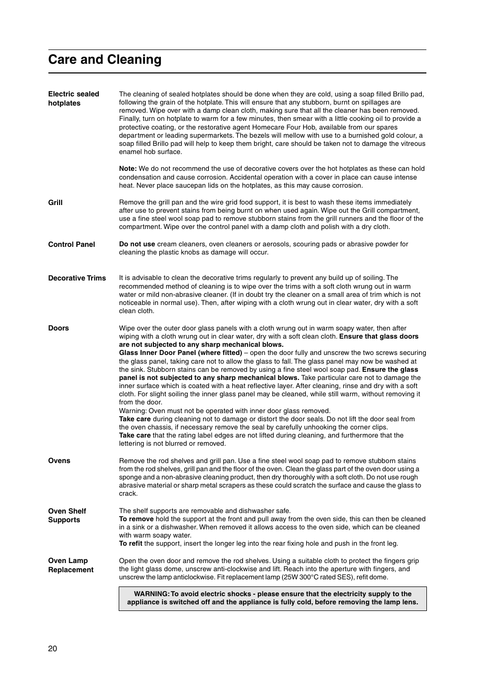 Care and cleaning | Hotpoint HW150EW User Manual | Page 20 / 28