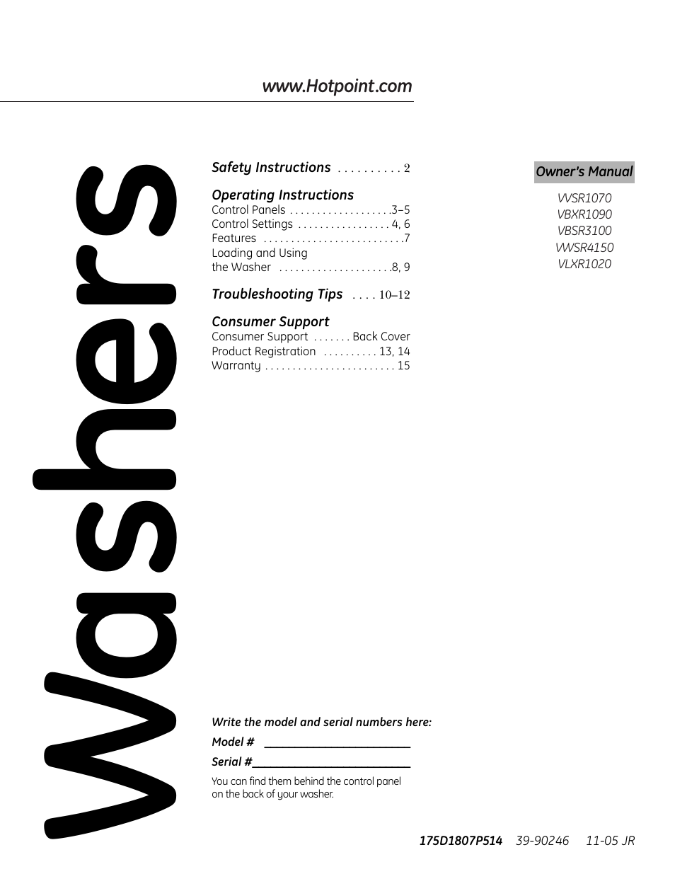 Hotpoint VLXR1020 User Manual | 16 pages