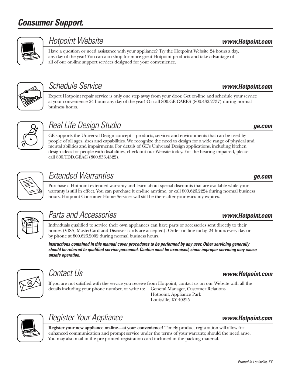 Consumer support, Consumer support. hotpoint website, Schedule service | Real life design studio, Extended warranties, Parts and accessories, Contact us, Register your appliance | Hotpoint VLXR1020 User Manual | Page 16 / 16