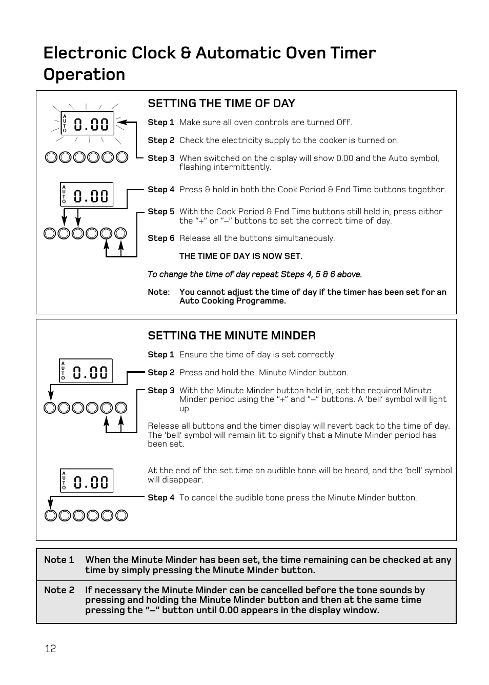 Electronic clock & automatic oven timer operation, Setting the time of day, Setting the minute minder | Hotpoint DY46 Mk2 User Manual | Page 12 / 40