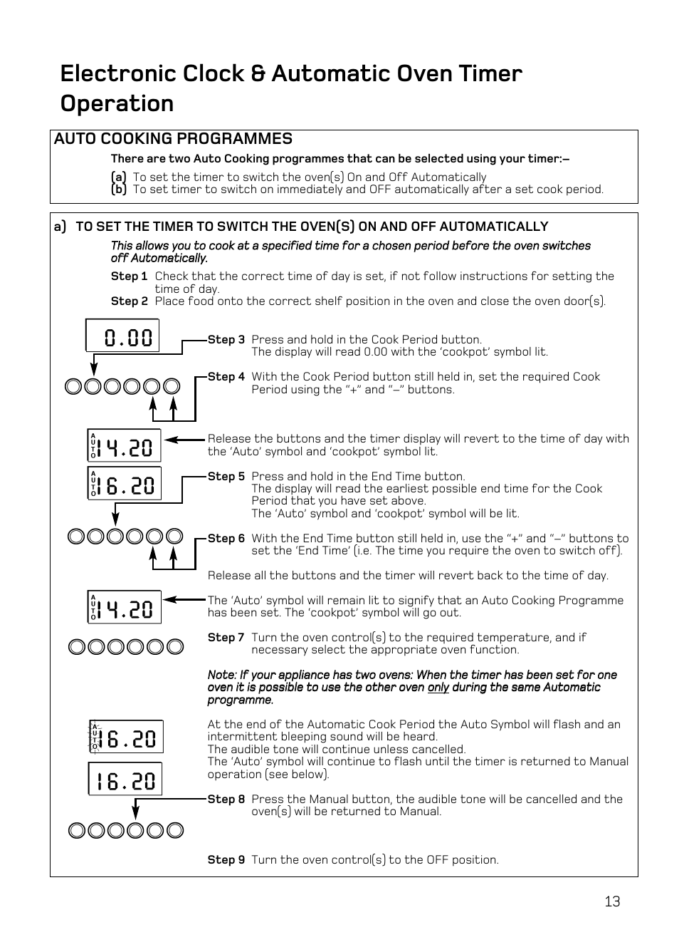 Electronic clock & automatic oven timer operation, Auto cooking programmes | Hotpoint DY46 Mk2 User Manual | Page 13 / 40
