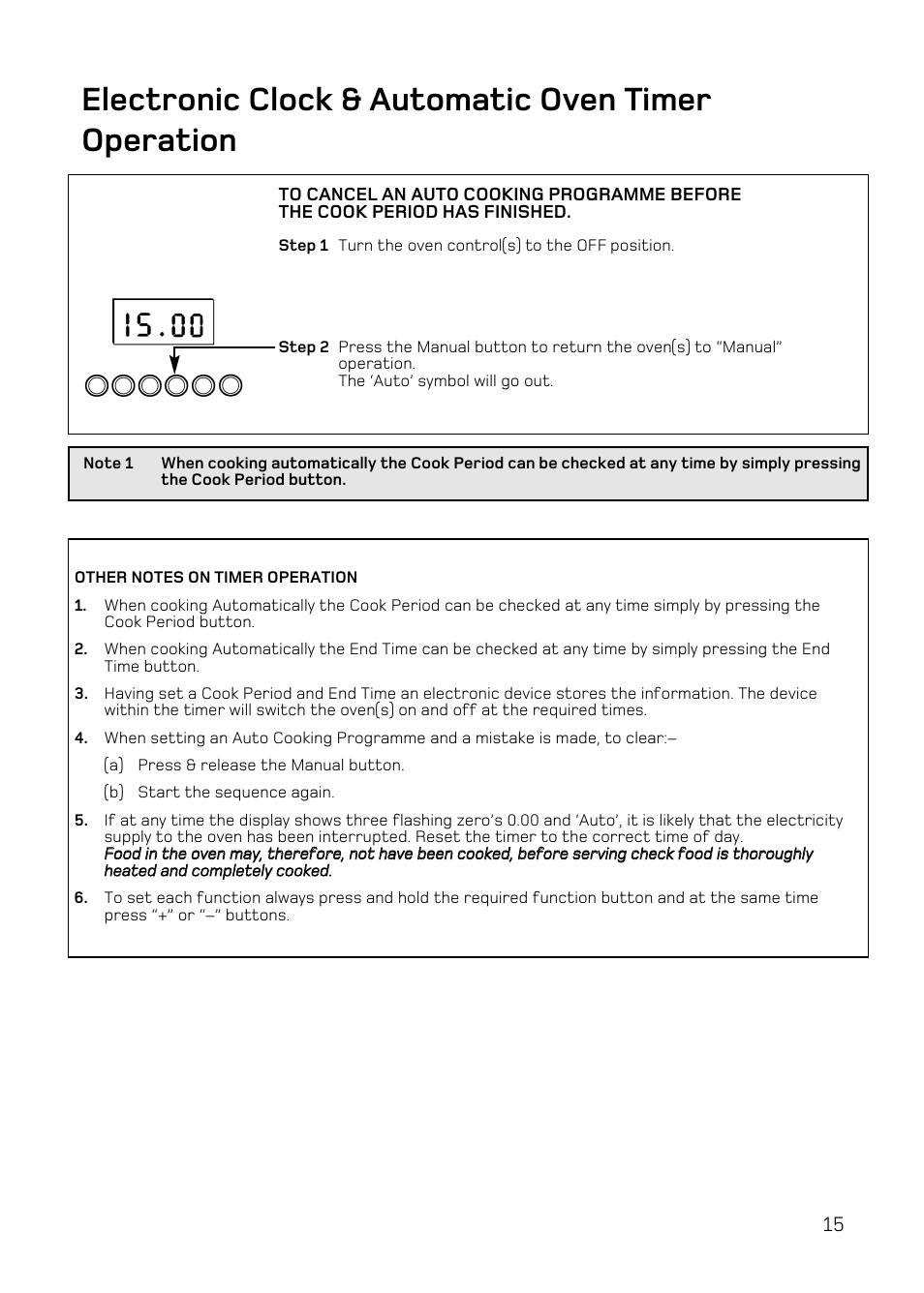 Electronic clock & automatic oven timer operation | Hotpoint DY46 Mk2 User Manual | Page 15 / 40