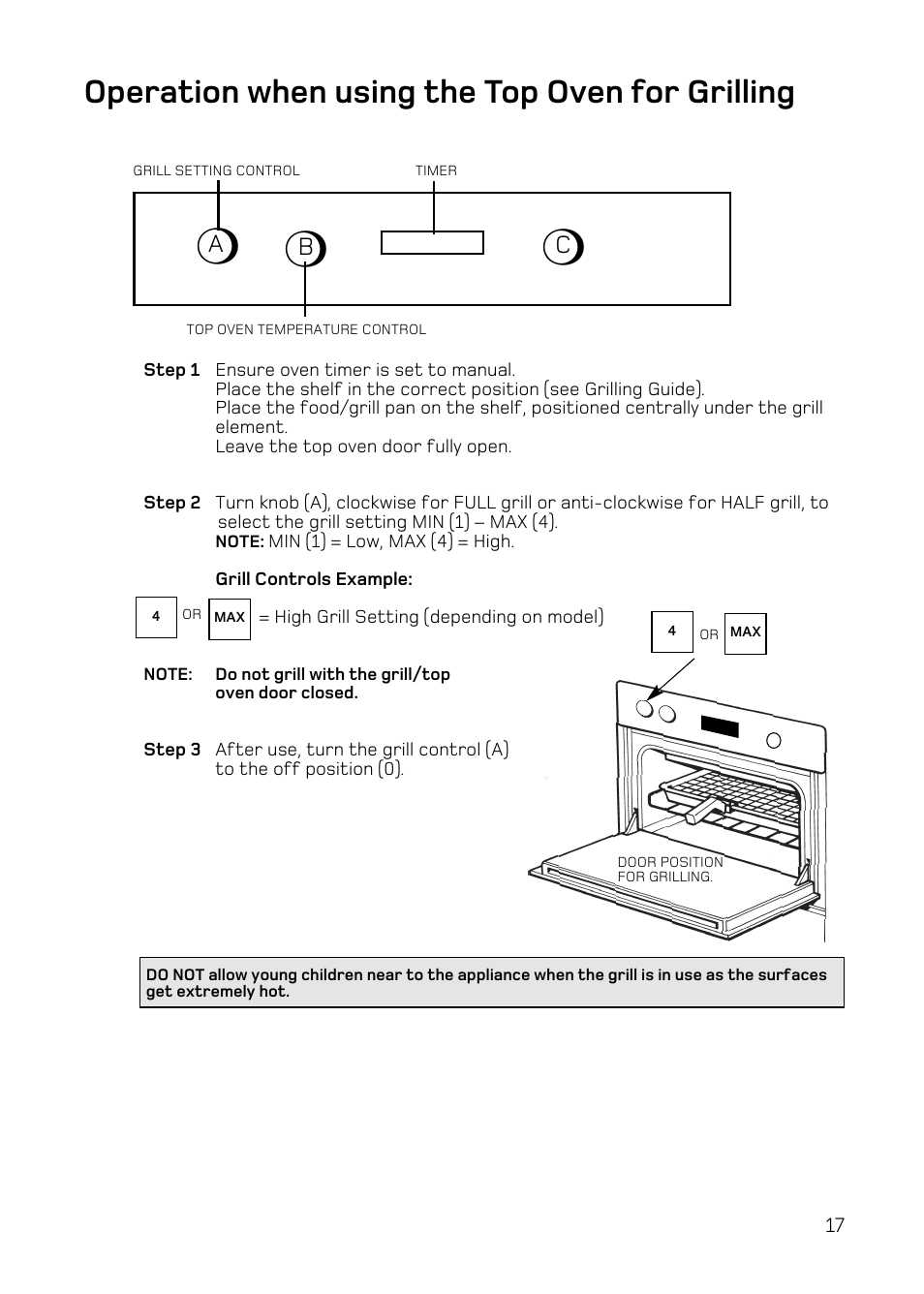 Operation when using the top oven for grilling, Ab c | Hotpoint DY46 Mk2 User Manual | Page 17 / 40
