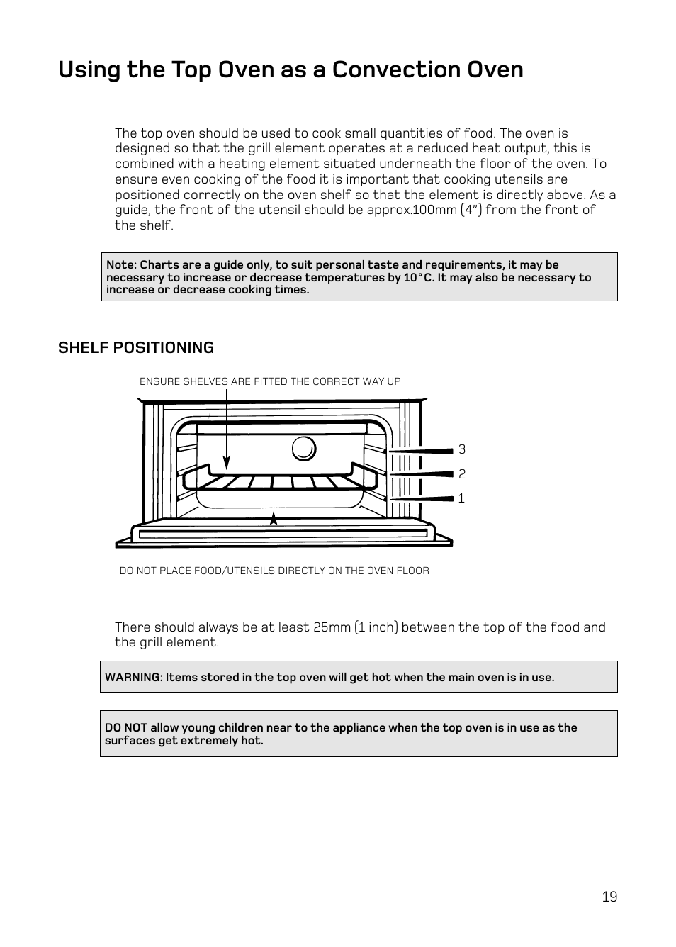 Using the top oven as a convection oven, Shelf positioning | Hotpoint DY46 Mk2 User Manual | Page 19 / 40