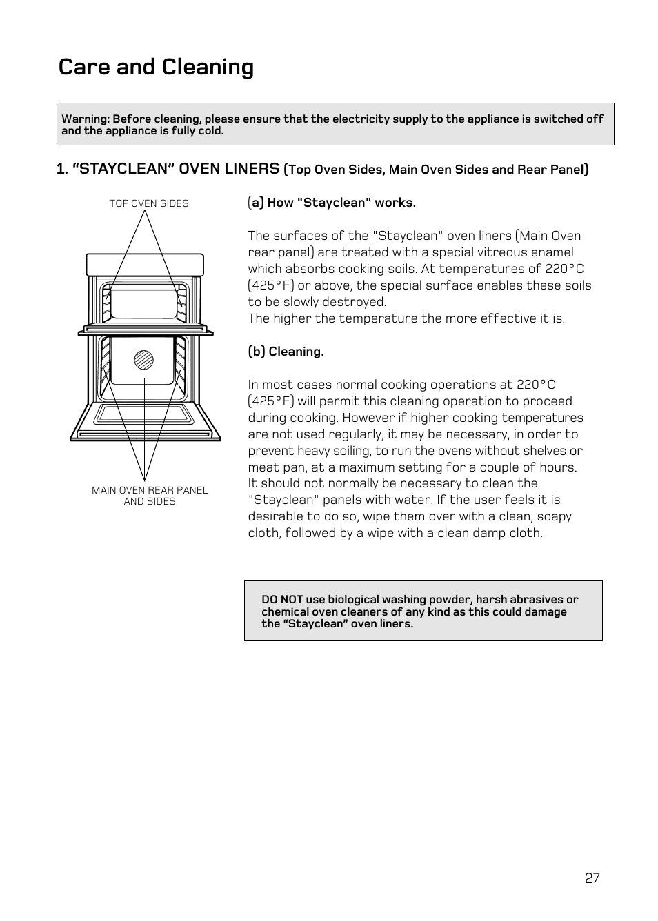 Care and cleaning, “stayclean” oven liners | Hotpoint DY46 Mk2 User Manual | Page 27 / 40