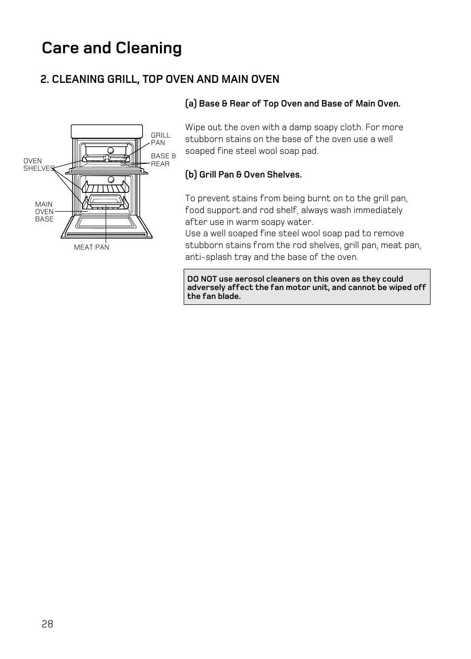 Care and cleaning, Cleaning grill, top oven and main oven | Hotpoint DY46 Mk2 User Manual | Page 28 / 40