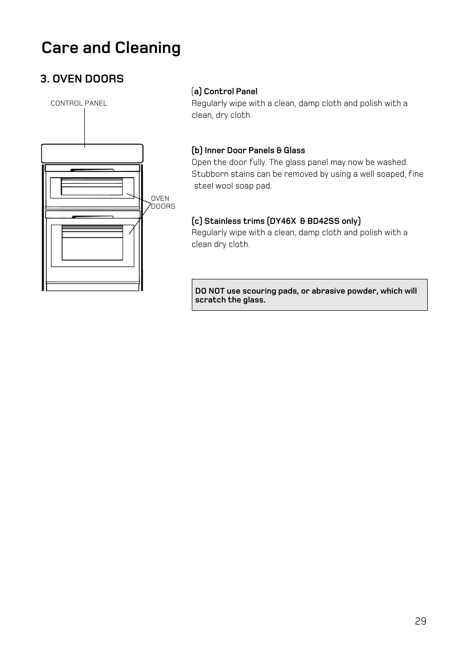 Care and cleaning, Oven doors | Hotpoint DY46 Mk2 User Manual | Page 29 / 40