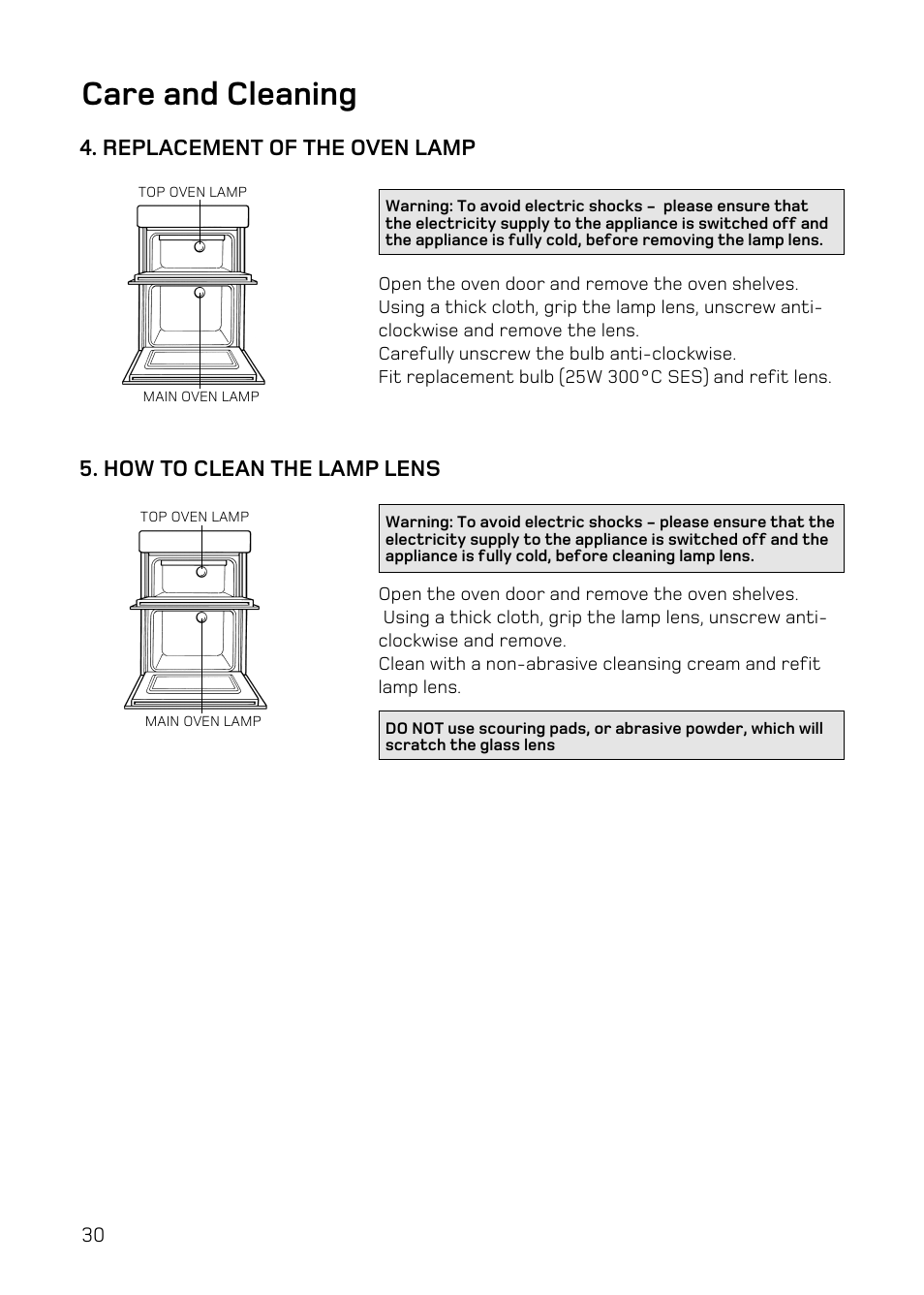 Care and cleaning, Replacement of the oven lamp, How to clean the lamp lens | Hotpoint DY46 Mk2 User Manual | Page 30 / 40