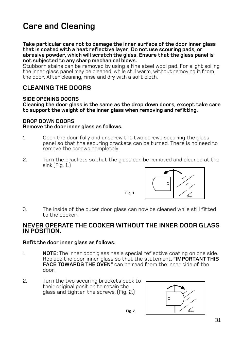 Care and cleaning, Cleaning the doors | Hotpoint DY46 Mk2 User Manual | Page 31 / 40
