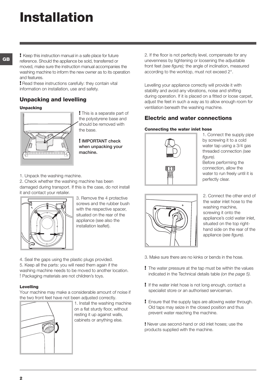 Installation | Hotpoint WMFG8337 User Manual | Page 2 / 16