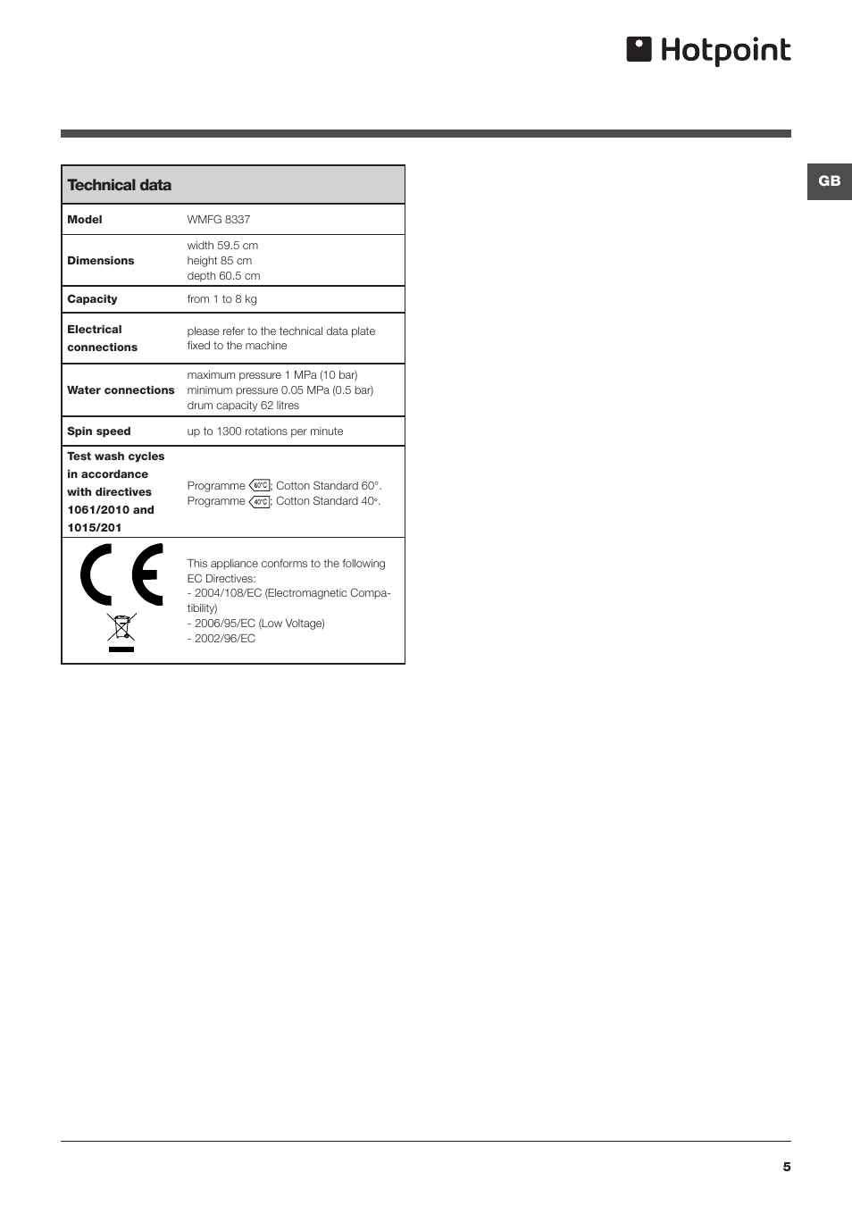 Technical data | Hotpoint WMFG8337 User Manual | Page 5 / 16