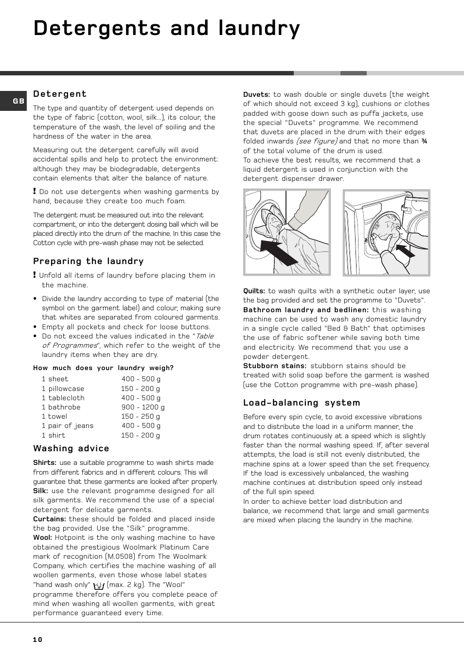 Detergents and laundry, Detergent, Preparing the laundry | Washing advice, Load-balancing system | Hotpoint AQGL 129 PM User Manual | Page 10 / 16